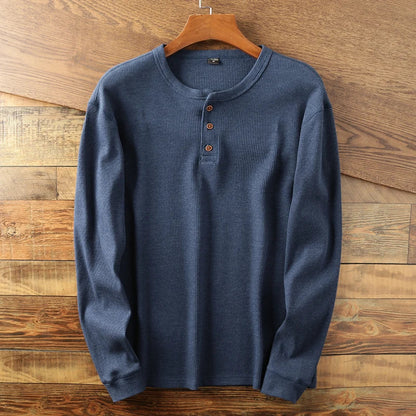 Henley Shirt – Lässiges Langarm-T-Shirt mit Knopfleiste für Männer-Blau-S-Chaps Herrenmode