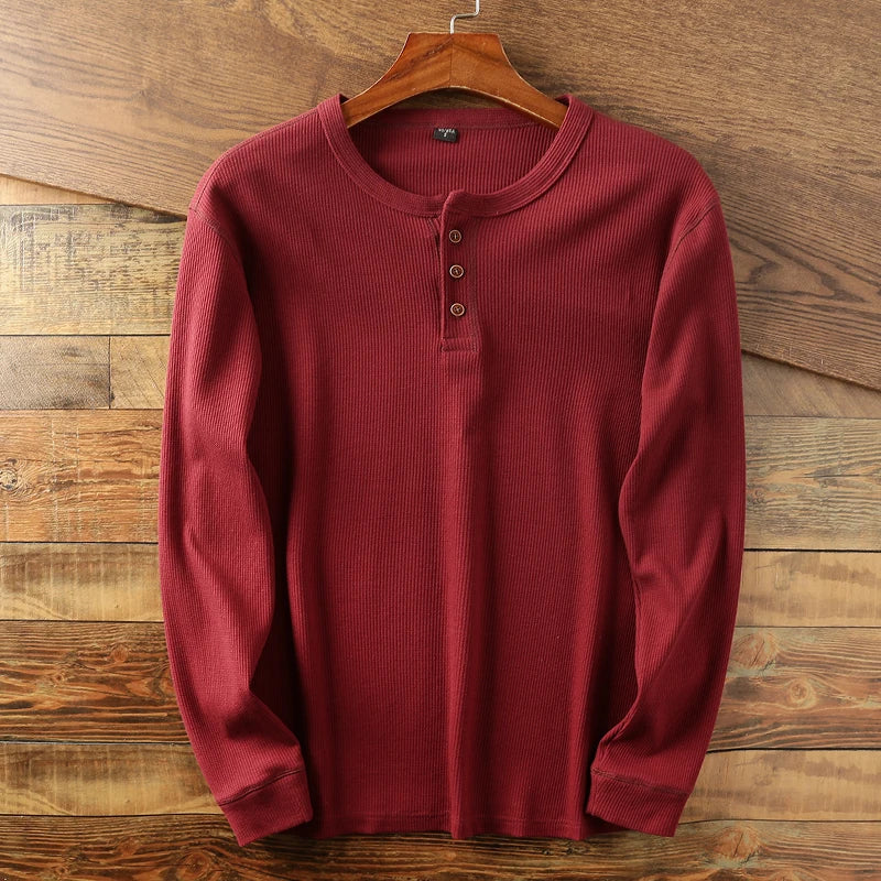 Henley Shirt – Lässiges Langarm-T-Shirt mit Knopfleiste für Männer-Rot-S-Chaps Herrenmode