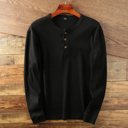Henley Shirt – Lässiges Langarm-T-Shirt mit Knopfleiste für Männer-Schwarz-S-Chaps Herrenmode
