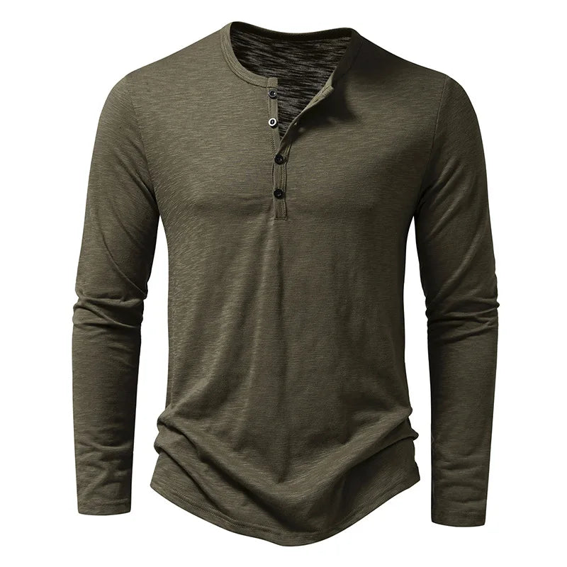 Henley Shirt - Lässiges T-Shirt mit Knopfleiste und langen Ärmeln für Männer-Armeegrün-S-Chaps Herrenmode