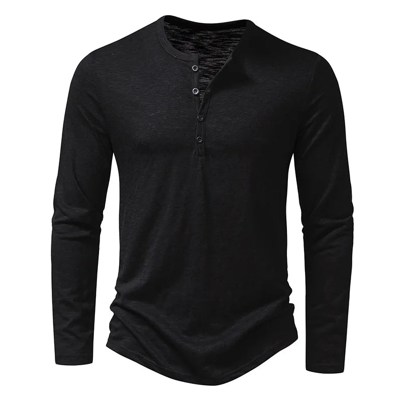 Henley Shirt - Lässiges T-Shirt mit Knopfleiste und langen Ärmeln für Männer-Schwarz-S-Chaps Herrenmode