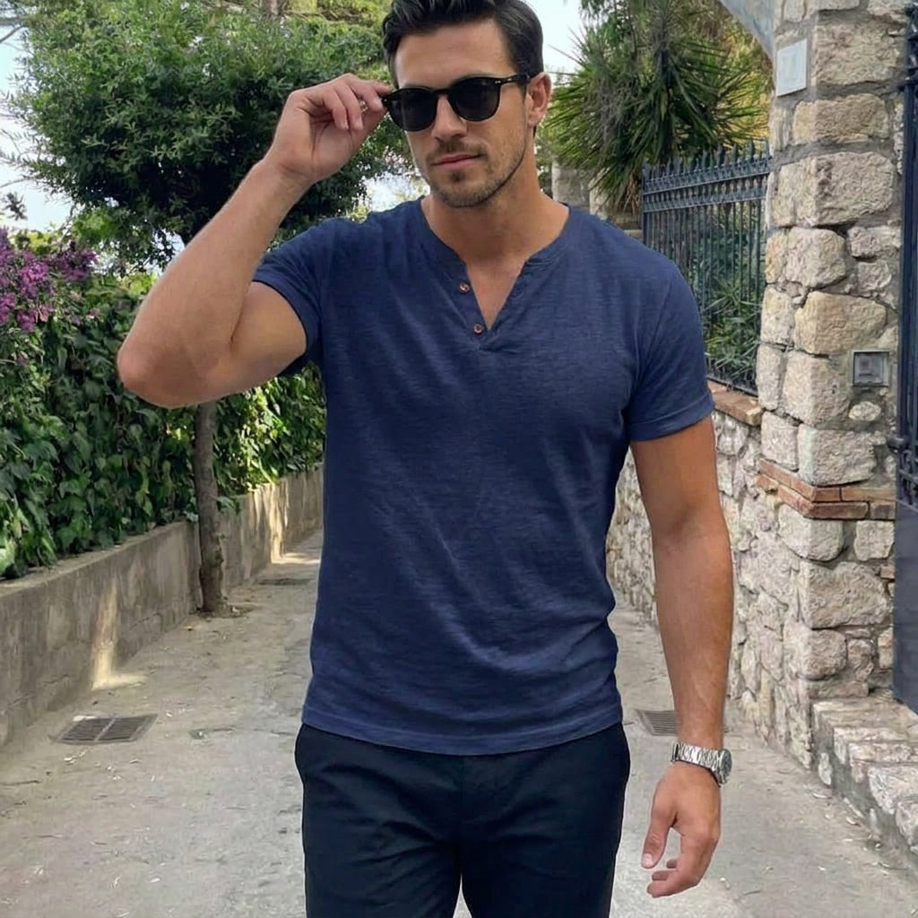 Henley-Shirt | V-Ausschnitt | Kurzarm | Knopf-T-Shirt | Herren-Sommer-Shirt-Chaps Herrenmode