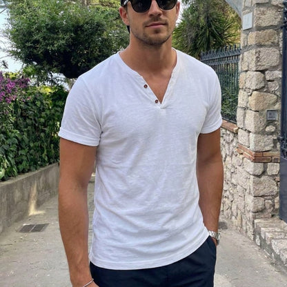 Henley-Shirt | V-Ausschnitt | Kurzarm | Knopf-T-Shirt | Herren-Sommer-Shirt-Chaps Herrenmode