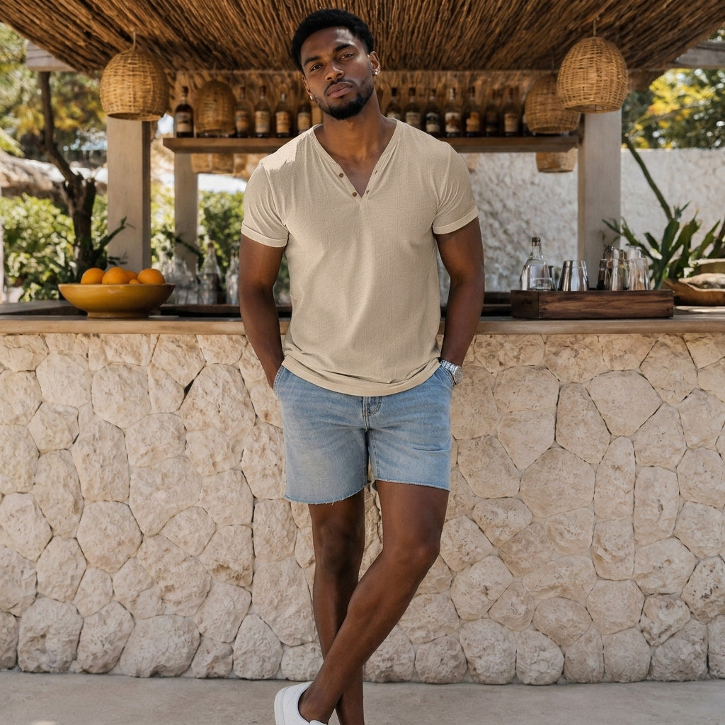 Henley-Shirt | V-Ausschnitt | Kurzarm | Knopf-T-Shirt | Herren-Sommer-Shirt-Chaps Herrenmode