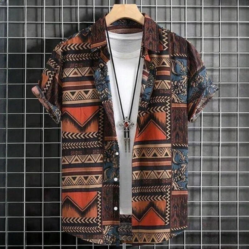 Kurzarmhemd Herren – Sommerhemd mit Ethno-Muster im Vintage-Look-Braun-L-Chaps Herrenmode