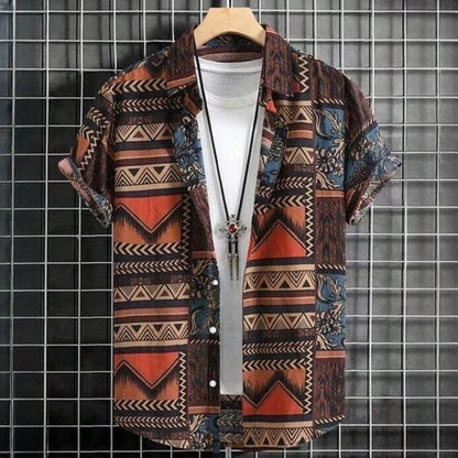 Kurzarmhemd Herren – Sommerhemd mit Ethno-Muster im Vintage-Look-Braun-L-Chaps Herrenmode