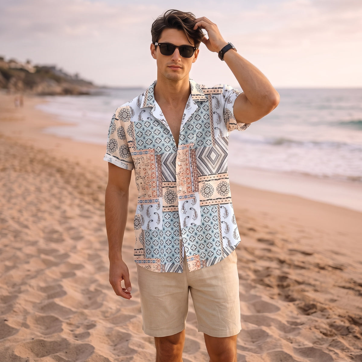 Kurzarmhemd Herren – Sommerhemd mit Ethno-Muster im Vintage-Look-Chaps Herrenmode