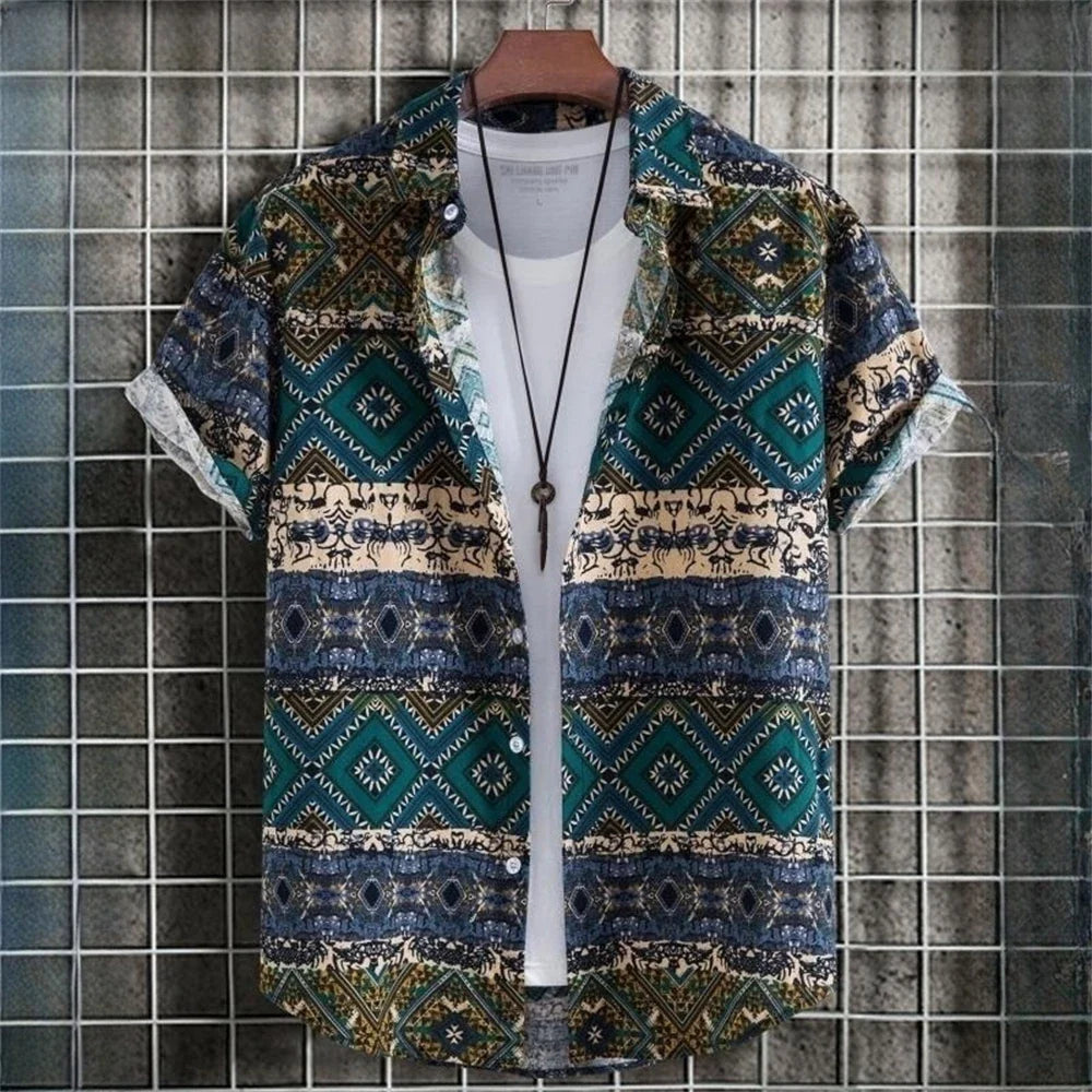 Kurzarmhemd Herren – Sommerhemd mit Ethno-Muster im Vintage-Look-Grün-L-Chaps Herrenmode