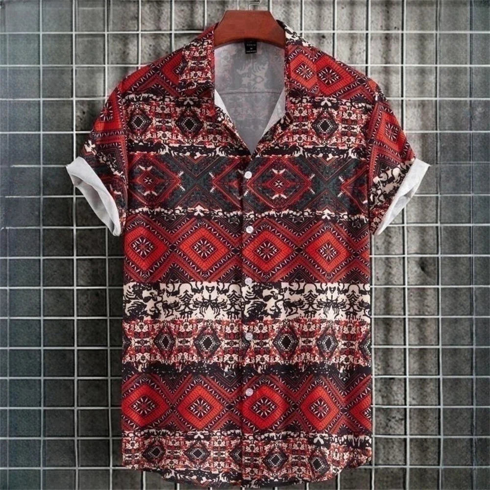 Kurzarmhemd Herren – Sommerhemd mit Ethno-Muster im Vintage-Look-Rot-L-Chaps Herrenmode
