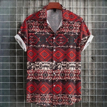 Kurzarmhemd Herren – Sommerhemd mit Ethno-Muster im Vintage-Look-Rot-L-Chaps Herrenmode