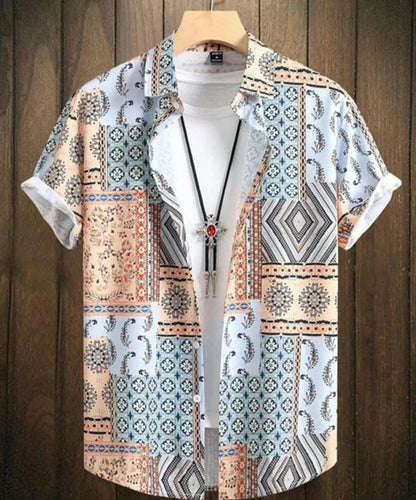 Kurzarmhemd Herren – Sommerhemd mit Ethno-Muster im Vintage-Look-Weiß-L-Chaps Herrenmode