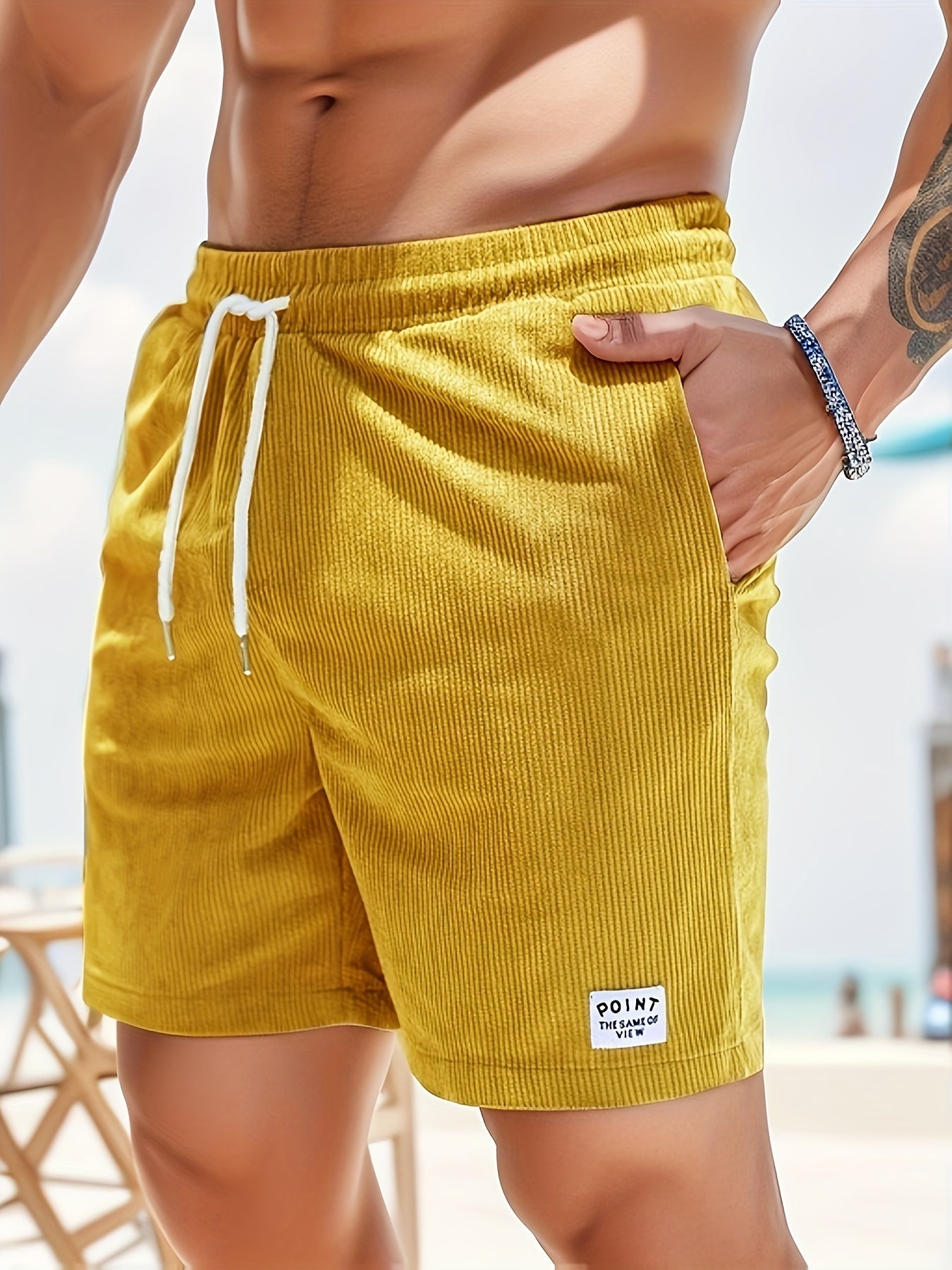 Herren-Cordshorts | Cord | Elastischer Bund | Shorts für den Sommer | Herren-Shorts-Gelb-S-Chaps Herrenmode
