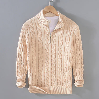 Herren Half Zip Sweater | Kabel Strick | Quarter Zip | Half Zip Pullover | Herren Strickpullover-Beige-S-Chaps Herrenmode