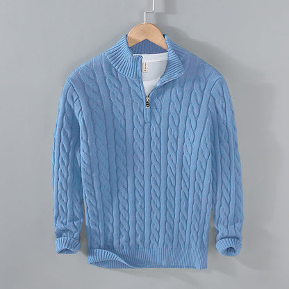 Herren Half Zip Sweater | Kabel Strick | Quarter Zip | Half Zip Pullover | Herren Strickpullover-Hellblau-S-Chaps Herrenmode
