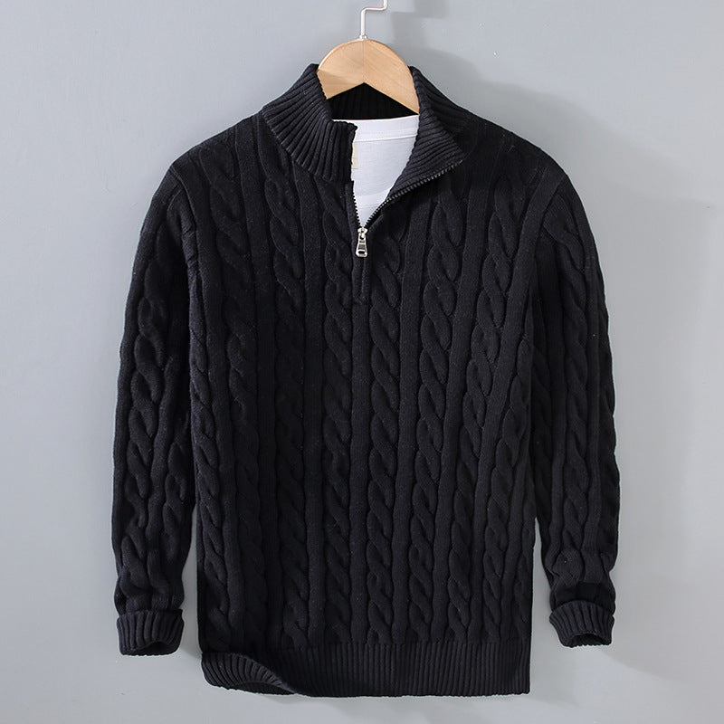 Herren Half Zip Sweater | Kabel Strick | Quarter Zip | Half Zip Pullover | Herren Strickpullover-Schwarz-S-Chaps Herrenmode