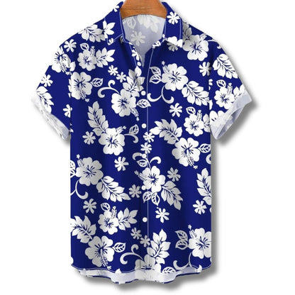 Herren Hawaiihemd Kurzarm | Tropisches Sommerhemd Blumen-Blau-S-Chaps Herrenmode