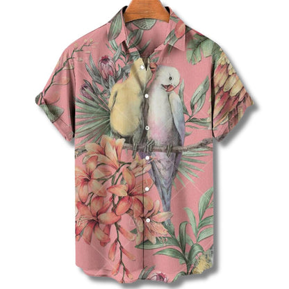 Herren Hawaiihemd Kurzarm | Tropisches Sommerhemd Blumen-Rosa-S-Chaps Herrenmode