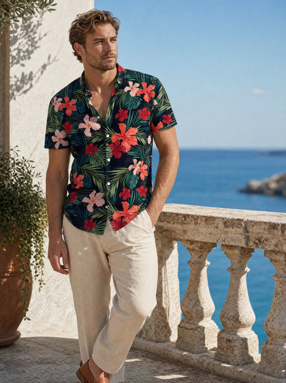 Herren Hawaiihemd bunt | Trendiges Sommerhemd Blumenmuster-Schwarz-S-Chaps Herrenmode