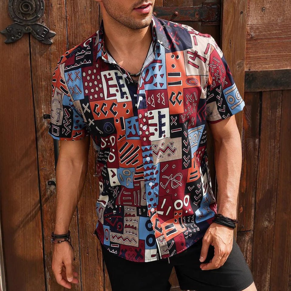Herren Kurzarmhemd mit Blumenmuster | Florales Sommerhemd-Aztek Rot-M-Chaps Herrenmode
