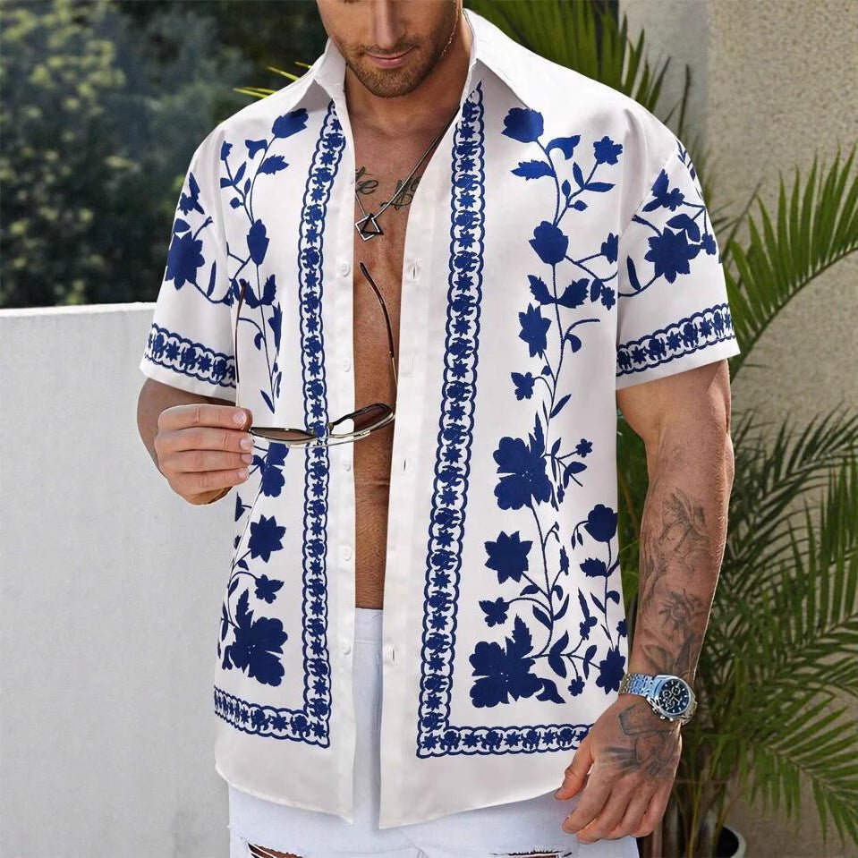 Herren Kurzarmhemd mit Blumenmuster | Florales Sommerhemd-Blau Floral-M-Chaps Herrenmode
