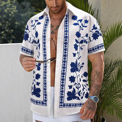Herren Kurzarmhemd mit Blumenmuster | Florales Sommerhemd-Blau Floral-M-Chaps Herrenmode