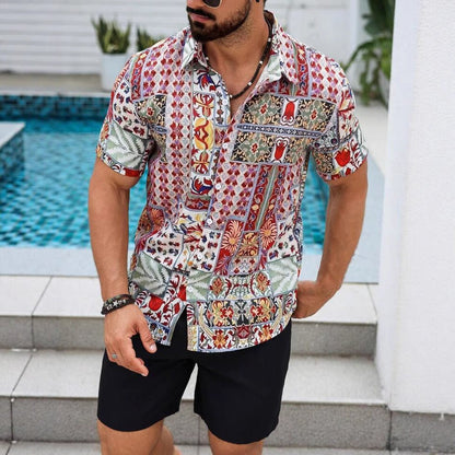Herren Kurzarmhemd mit Blumenmuster | Florales Sommerhemd-Boho Rot-M-Chaps Herrenmode