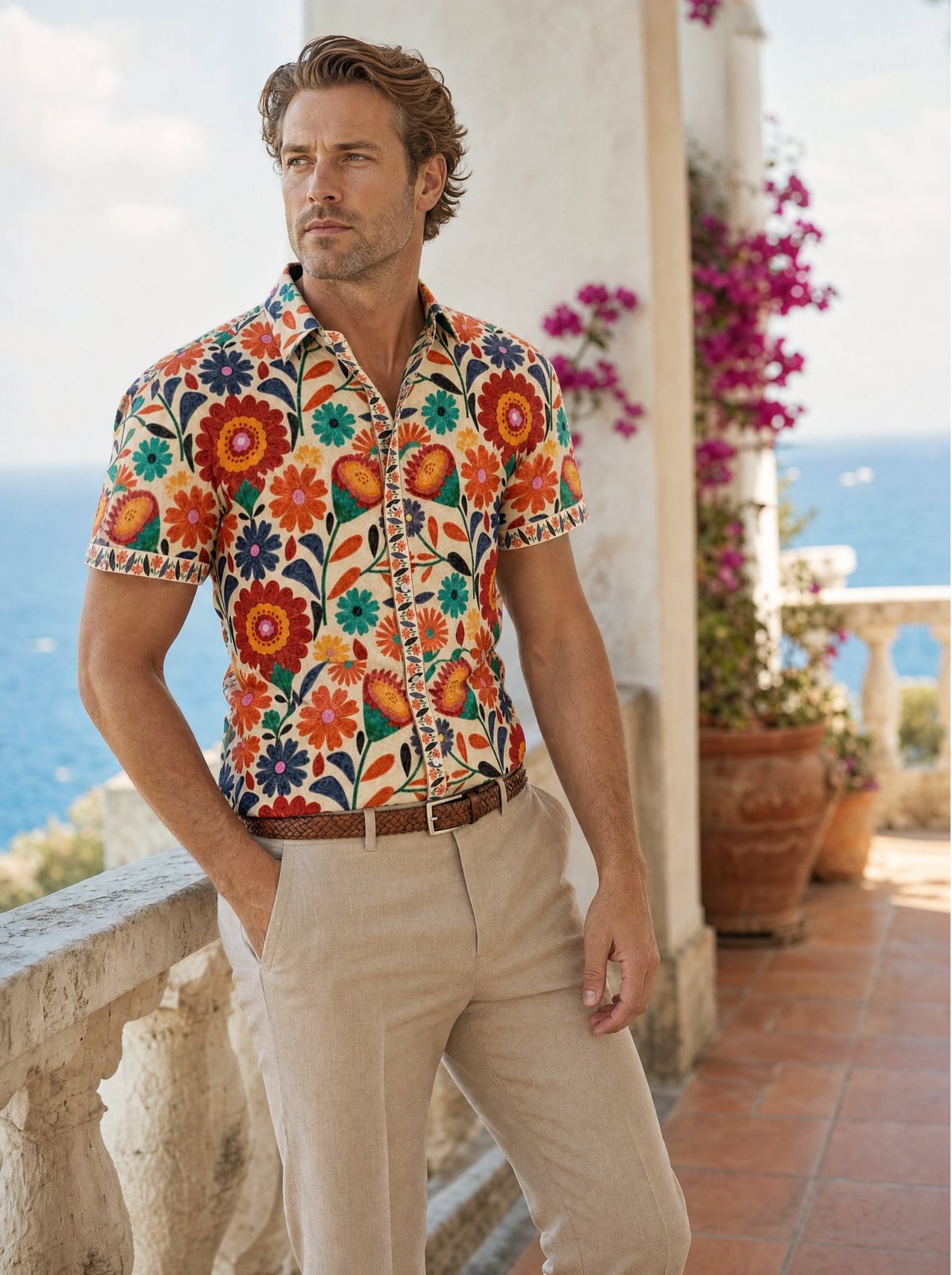 Herren Kurzarmhemd mit Blumenmuster | Florales Sommerhemd-Bunt Floral-M-Chaps Herrenmode