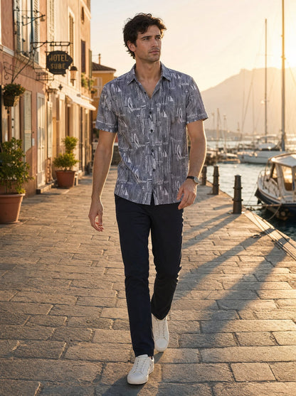 Herren Kurzarmhemd mit Städte-Print | Urban Sommerhemd-Chaps Herrenmode