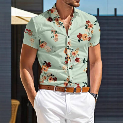 Herren Kurzarmhemd mit floralem Muster | Sommerhemd Blumen-Grün-M-Chaps Herrenmode
