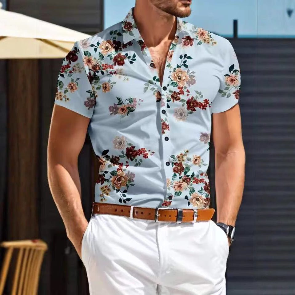 Herren Kurzarmhemd mit floralem Muster | Sommerhemd Blumen-Hellblau-M-Chaps Herrenmode