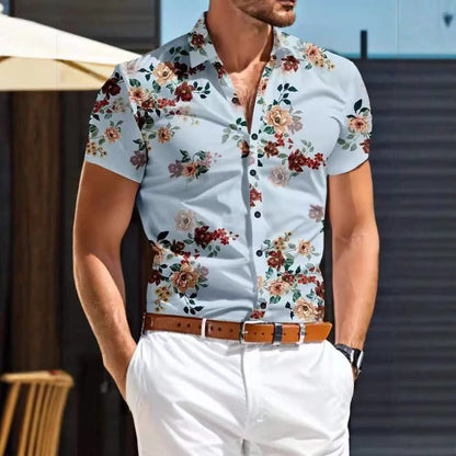 Herren Kurzarmhemd mit floralem Muster | Sommerhemd Blumen-Hellblau-M-Chaps Herrenmode
