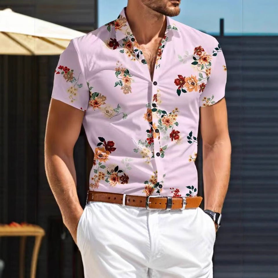 Herren Kurzarmhemd mit floralem Muster | Sommerhemd Blumen-Rosa-M-Chaps Herrenmode