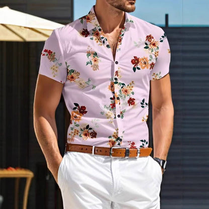Herren Kurzarmhemd mit floralem Muster | Sommerhemd Blumen-Rosa-M-Chaps Herrenmode