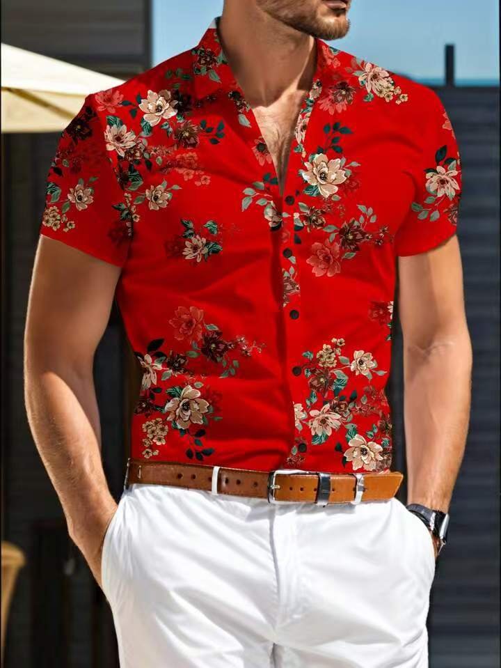 Herren Kurzarmhemd mit floralem Muster | Sommerhemd Blumen-Rot-M-Chaps Herrenmode