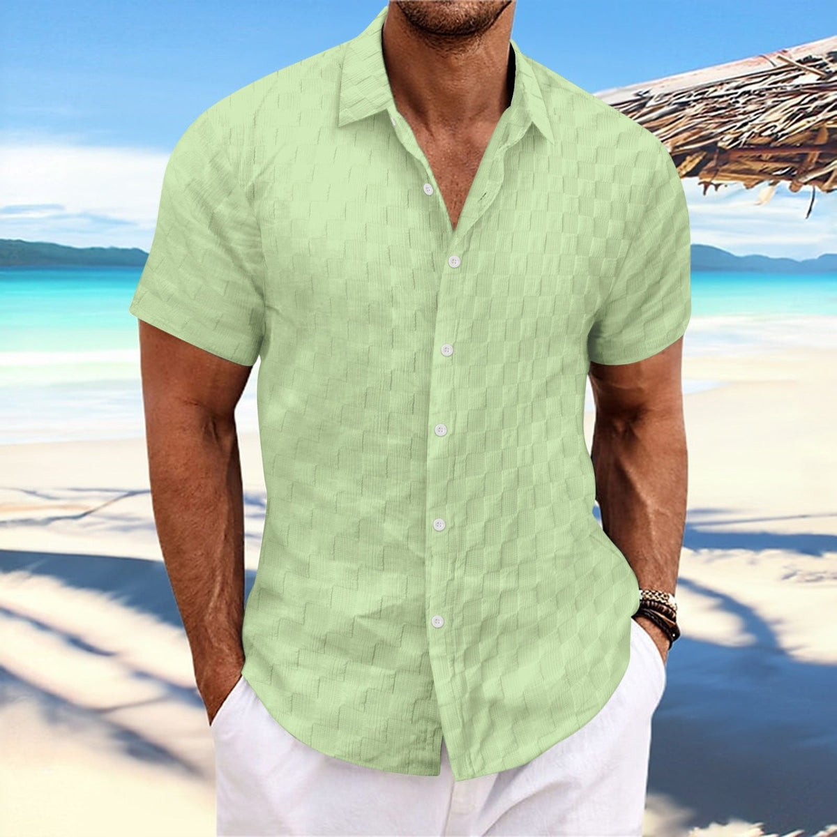 Herren Kurzarmhemd strukturiert | Atmungsaktives Sommerhemd-Hellgrün-S-Chaps Herrenmode