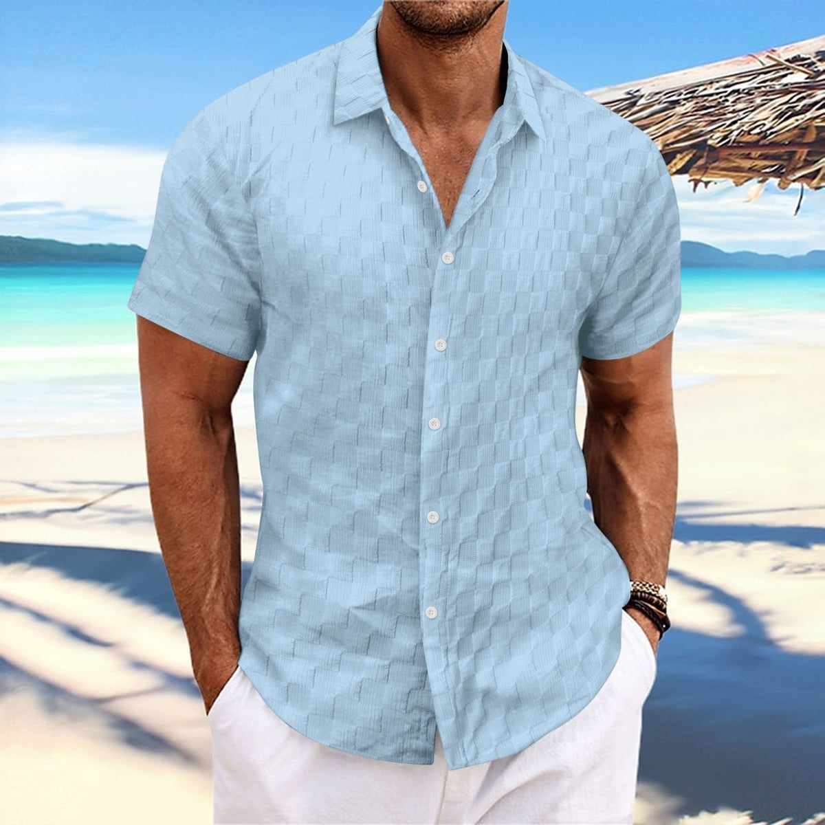 Herren Kurzarmhemd strukturiert | Atmungsaktives Sommerhemd-Himmelblau-S-Chaps Herrenmode