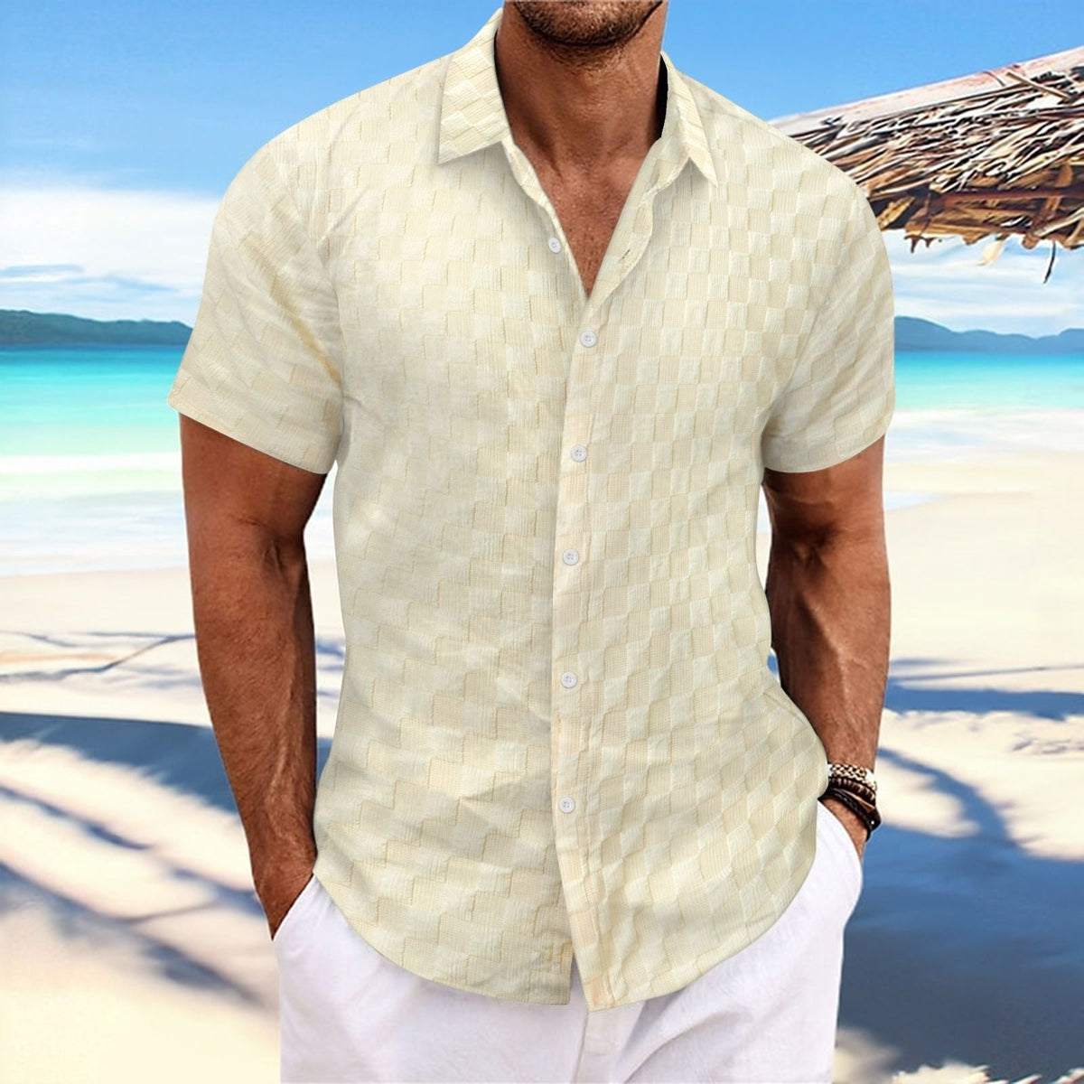 Herren Kurzarmhemd strukturiert | Atmungsaktives Sommerhemd-Khaki-S-Chaps Herrenmode