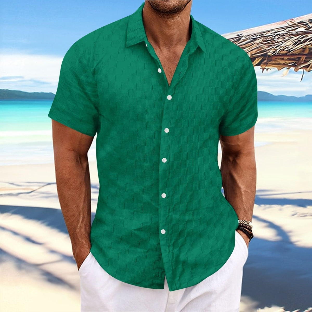 Herren Kurzarmhemd strukturiert | Atmungsaktives Sommerhemd-Tannengrün-S-Chaps Herrenmode