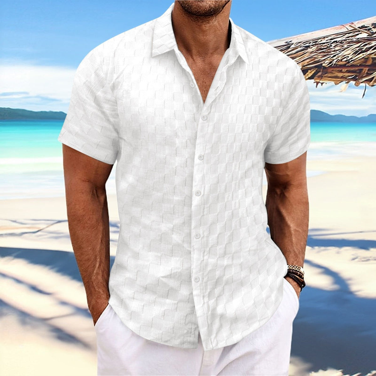 Herren Kurzarmhemd strukturiert | Atmungsaktives Sommerhemd-Weiß-S-Chaps Herrenmode