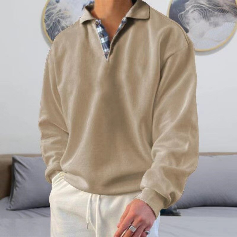 Herren-Pullover | Knopfleiste am Halsausschnitt | Lockere Passform | Sweatshirt mit Kragen | Polo-Pullover-Beige-M-Chaps Herrenmode