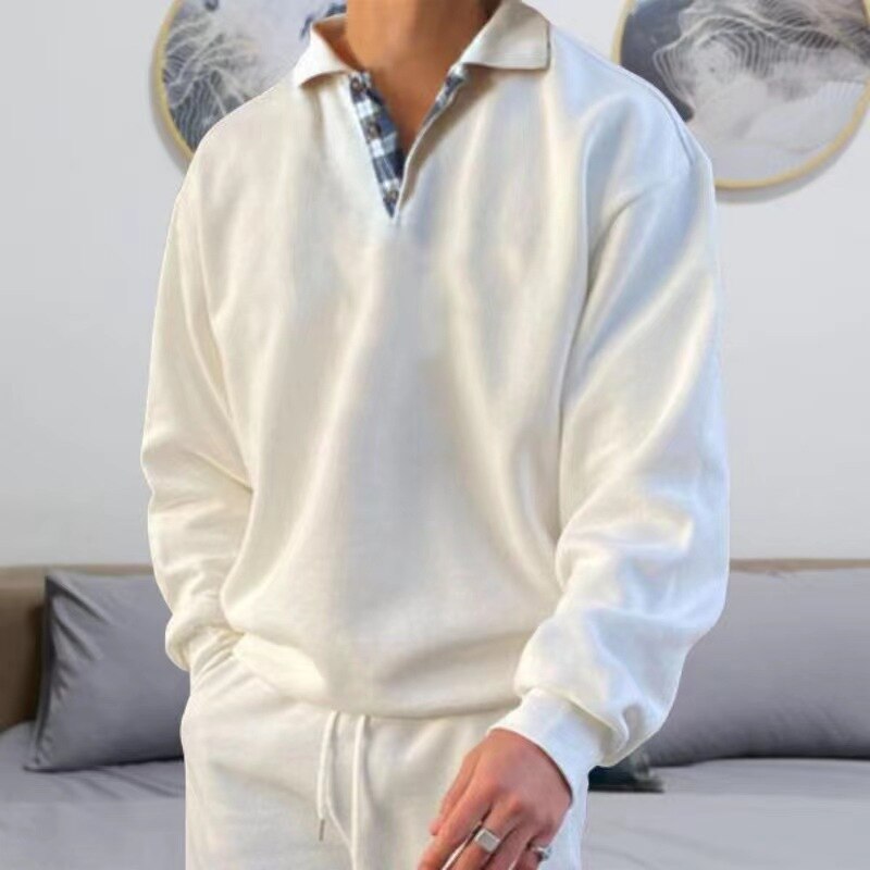 Herren-Pullover | Knopfleiste am Halsausschnitt | Lockere Passform | Sweatshirt mit Kragen | Polo-Pullover-Weiß-M-Chaps Herrenmode