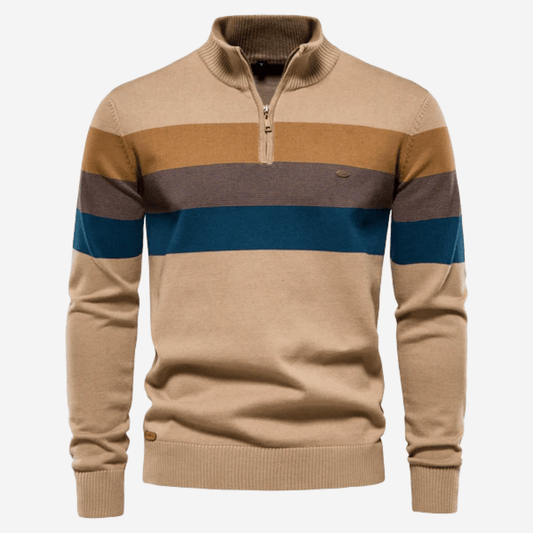 Herren-Pullover mit Viertelreißverschluss | Gestreift | Gestrickt | Pullover mit Viertelreißverschluss | Herren-Pullover mit halbem Reißverschluss-Khaki-S-Chaps Herrenmode