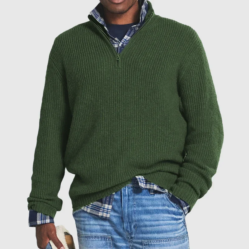 Herren-Pullover mit Viertelreißverschluss – Rippstrick – Pullover – Polo-Pullover – Strickpullover-Dunkelgrün-S-Chaps Herrenmode