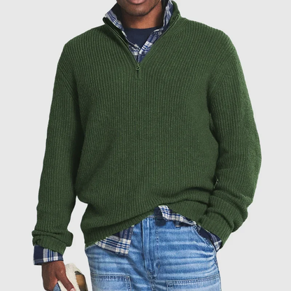 Herren-Pullover mit Viertelreißverschluss – Rippstrick – Pullover – Polo-Pullover – Strickpullover-Dunkelgrün-S-Chaps Herrenmode