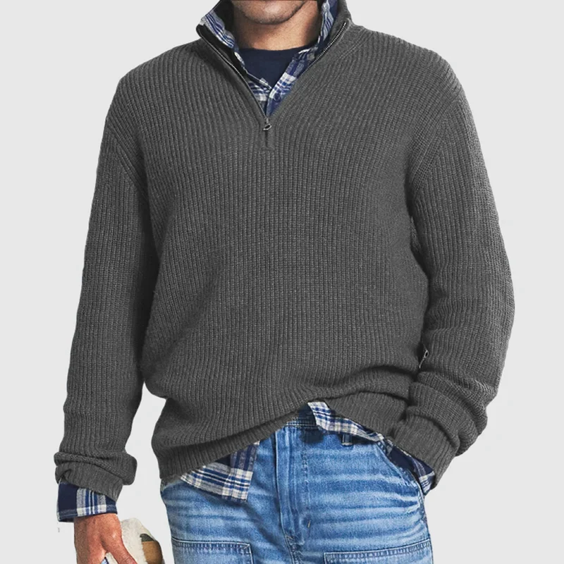 Herren-Pullover mit Viertelreißverschluss – Rippstrick – Pullover – Polo-Pullover – Strickpullover-Grau-S-Chaps Herrenmode