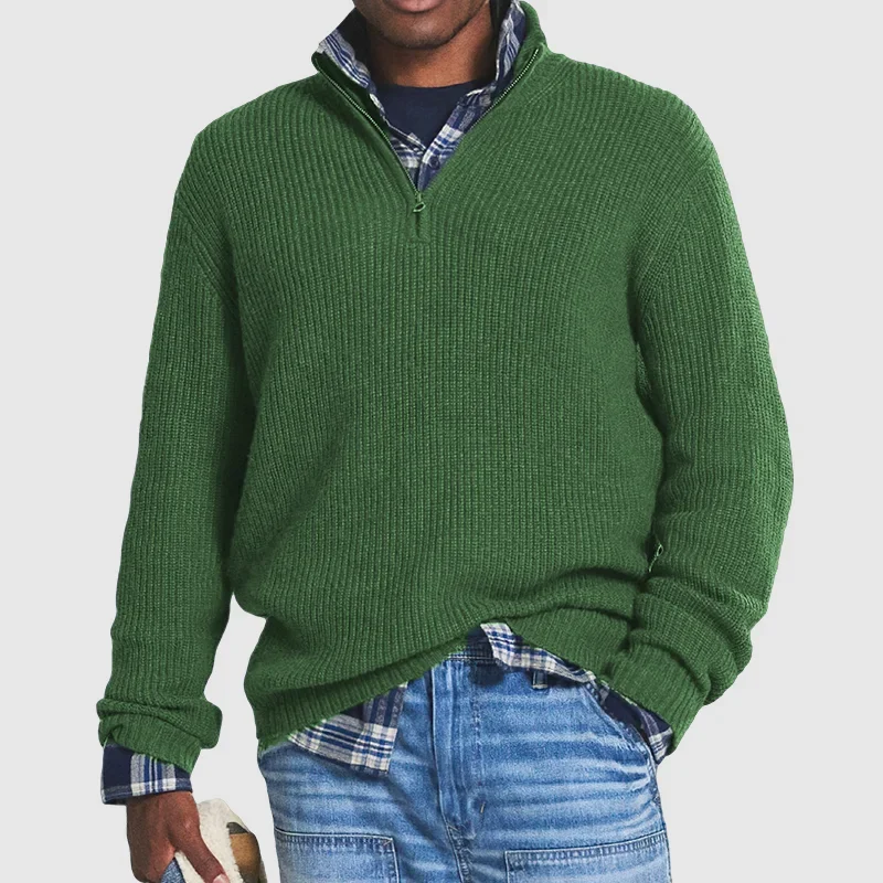 Herren-Pullover mit Viertelreißverschluss – Rippstrick – Pullover – Polo-Pullover – Strickpullover-Grün-S-Chaps Herrenmode