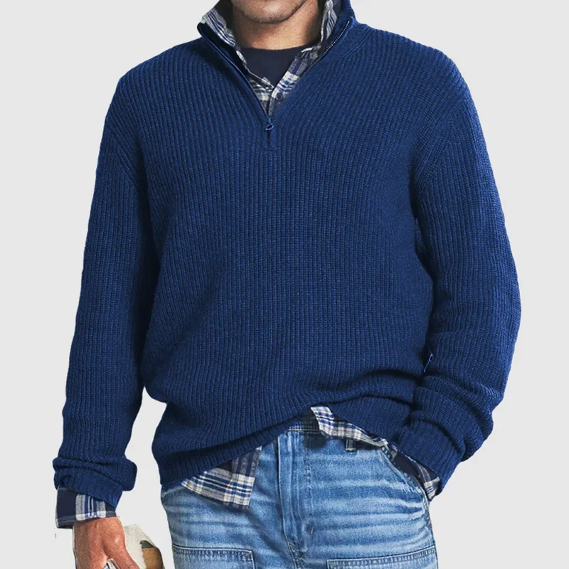 Herren-Pullover mit Viertelreißverschluss – Rippstrick – Pullover – Polo-Pullover – Strickpullover-Marineblau-S-Chaps Herrenmode