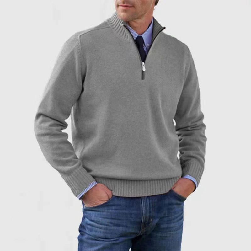 Herren-Pullover mit halbem Reißverschluss | Gestrickt | Langarm | Pullover mit Viertelreißverschluss | Herren-Pullover mit Viertelreißverschluss-Grau-M-Chaps Herrenmode