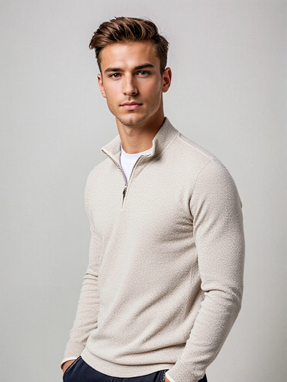 Herren Quarter Zip Pullover - Herren Strickpullover mit halbem Reißverschluss-Beige-S-Chaps Herrenmode