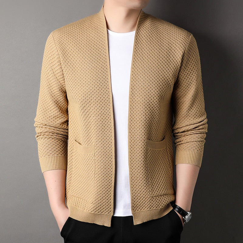 Herren Strickjacke - Offene Vorderseite - Taschen - Strickjacke - Herrenbekleidung-Khaki-S-Chaps Herrenmode